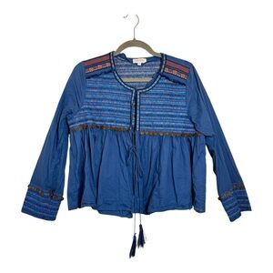 Velzera Blue Chambray Embroidered Coin Trim Boho Western Peasant Top Medium